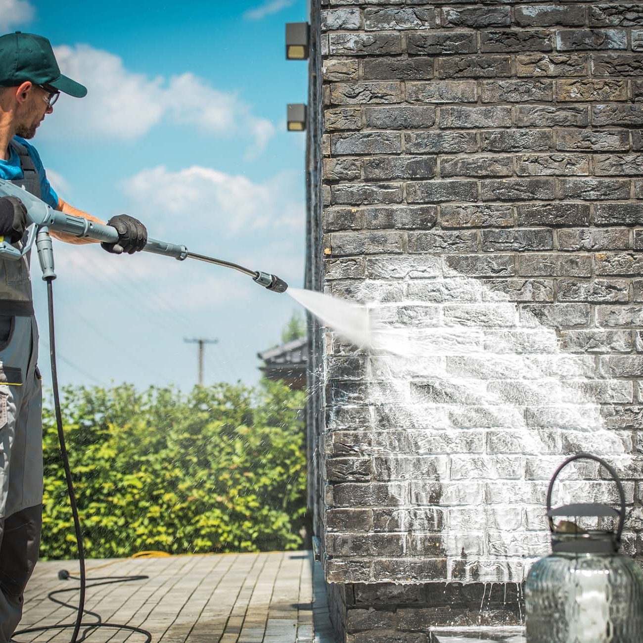 Brick House Wall Pressure Washing with Special Cleaning Detergent. Caucasian Men in His 30s. Taking Care of the Building Elevation